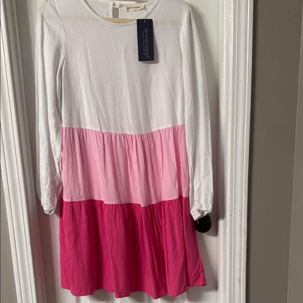 Anna-Kaci California Pink and White Knee-Length A-line Dress with Long Sleeves
